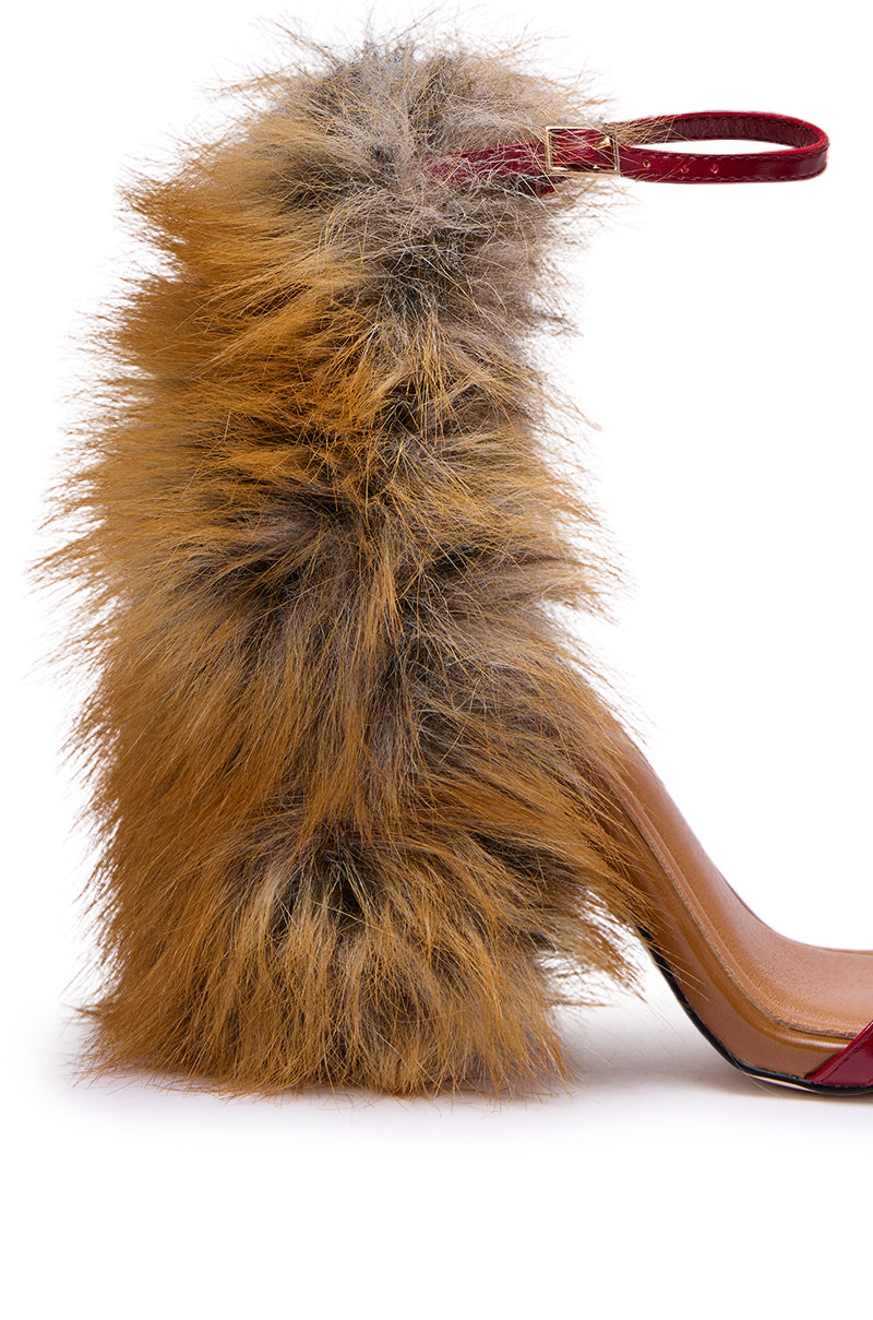 AZALEA WANG ARETTE RED FOX FUR CHUNKY HEEL STRAP SANDAL – AKIRA