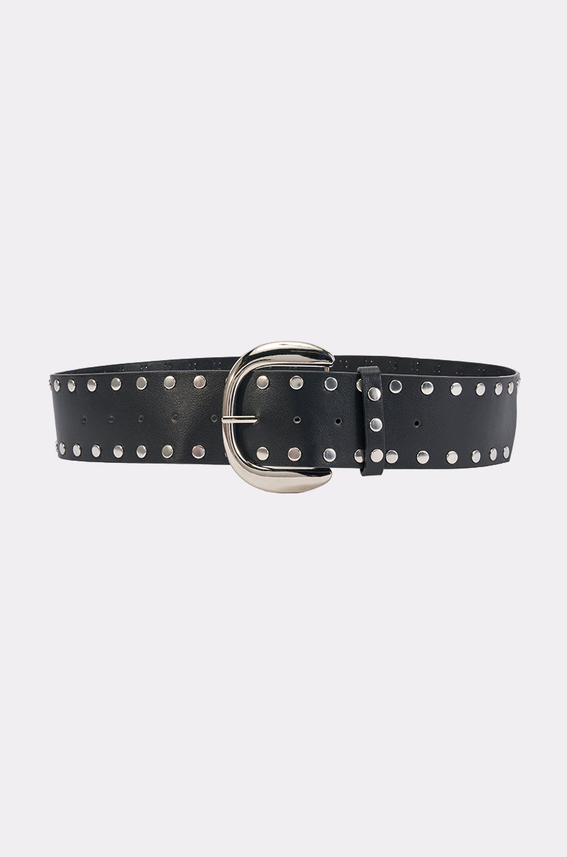 The BUCKLED UP BELT is a western-inspired accessory crafted from black leather and embellished with silver studs. It features a large, rounded silver buckle and is presented against a plain white background.
