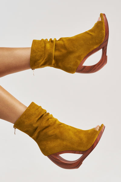 Mustard Wedge Open Toe Faux Suede Bootie | AKIRA