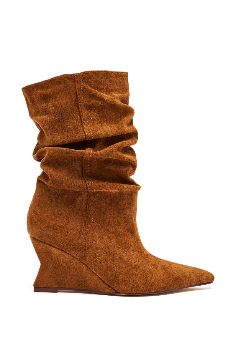 The AZALEA WANG ASAF Ruched Wedge Bootie in Tan features a side view with a pointed toe, brown ruched details, and a mid-height wedge heel, all set against a white background.