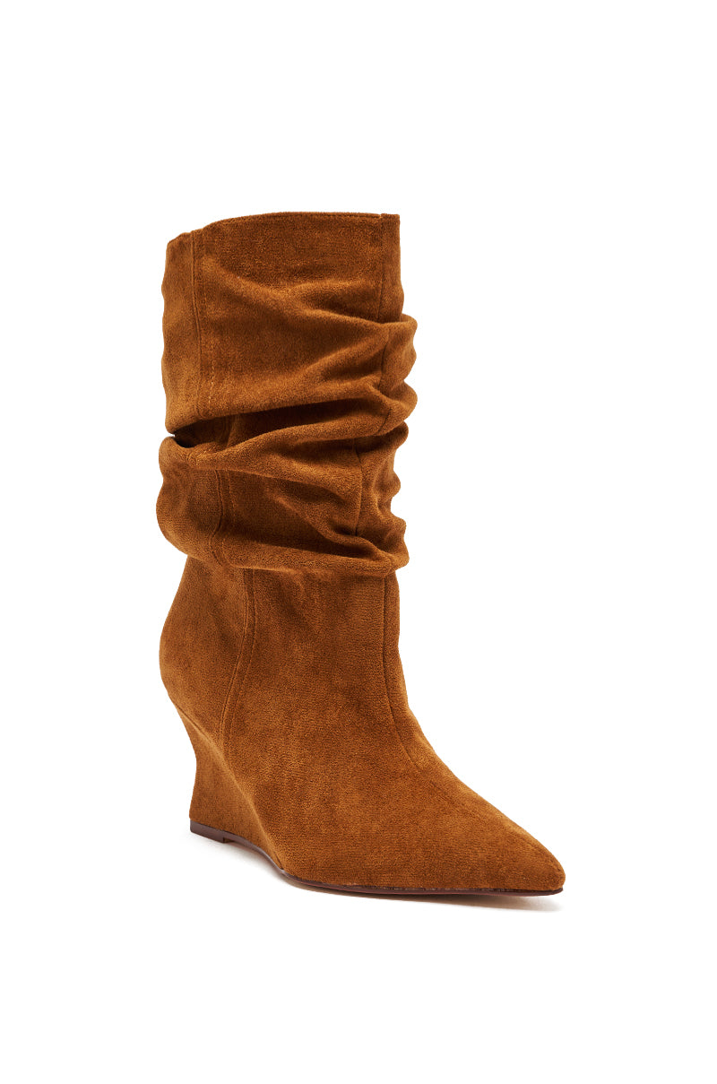 The AZALEA WANG ASAF Ruched Wedge Bootie in tan features a slouchy, ruched design, a pointed toe, and a wedge heel. Displayed singly against a white background.