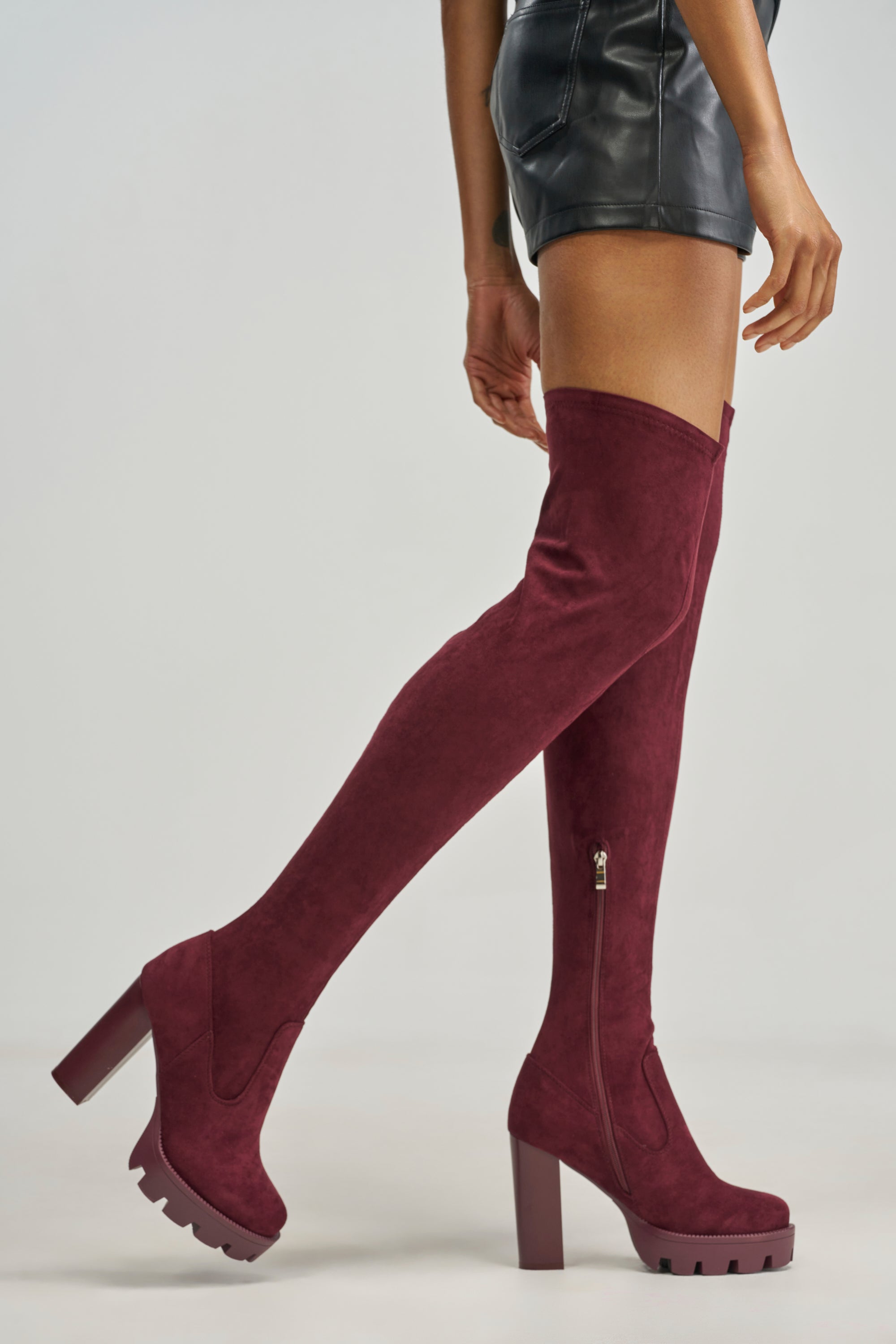 AZALEA WANG ASHLAND BURGUNDY FAUX SUEDE THIGH HIGH BLOCK BOOT featuring burgundy faux suede, block heels, and lug soles.