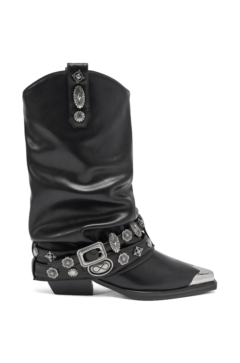 The AZALEA WANG ASHRAF Black PU Silver Hardware Western Bootie features a slouched shaft, silver toe cap, decorative buckles, chunky heel, and floral conchos around the ankle and upper.