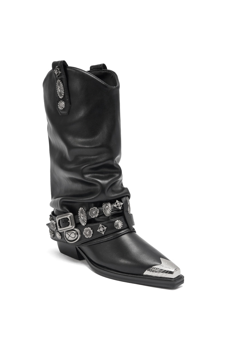 The AZALEA WANG ASHRAF Black PU Silver Hardware Western Bootie features a slouchy shaft, silver buckles, floral metal ankle accents, a metallic-capped pointed toe, and a chunky heel in sleek faux leather.