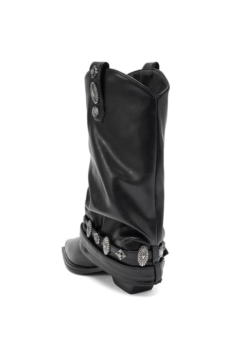 The AZALEA WANG ASHRAF BLACK PU SILVER HARDWARE WESTERN BOOTIE features black faux leather with silver conchos and studs along the ankle and shaft, shown at an angle on a white background.