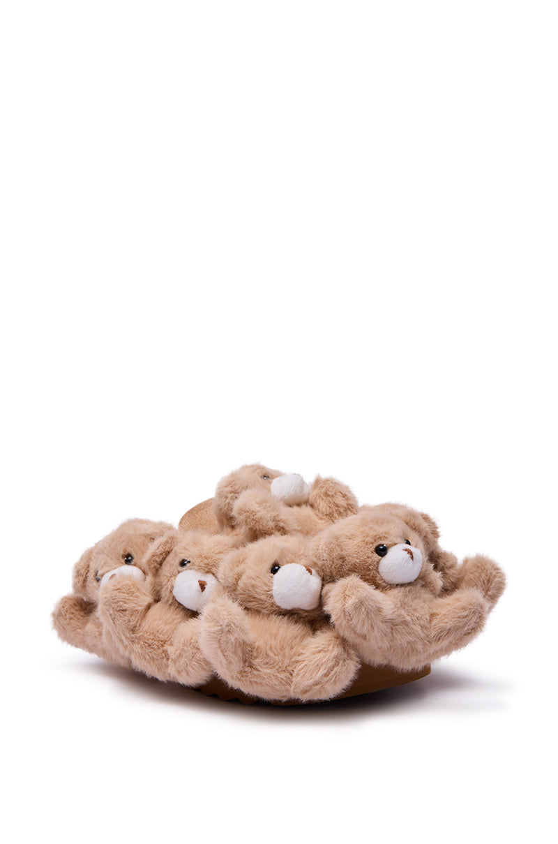 The AZALEA WANG AURORA BEIGE TEDDY BEAR CLOG features playful 3D teddy bear embellishments and paws in soft light brown, designed to look like a row of bears, set against a clean white background.