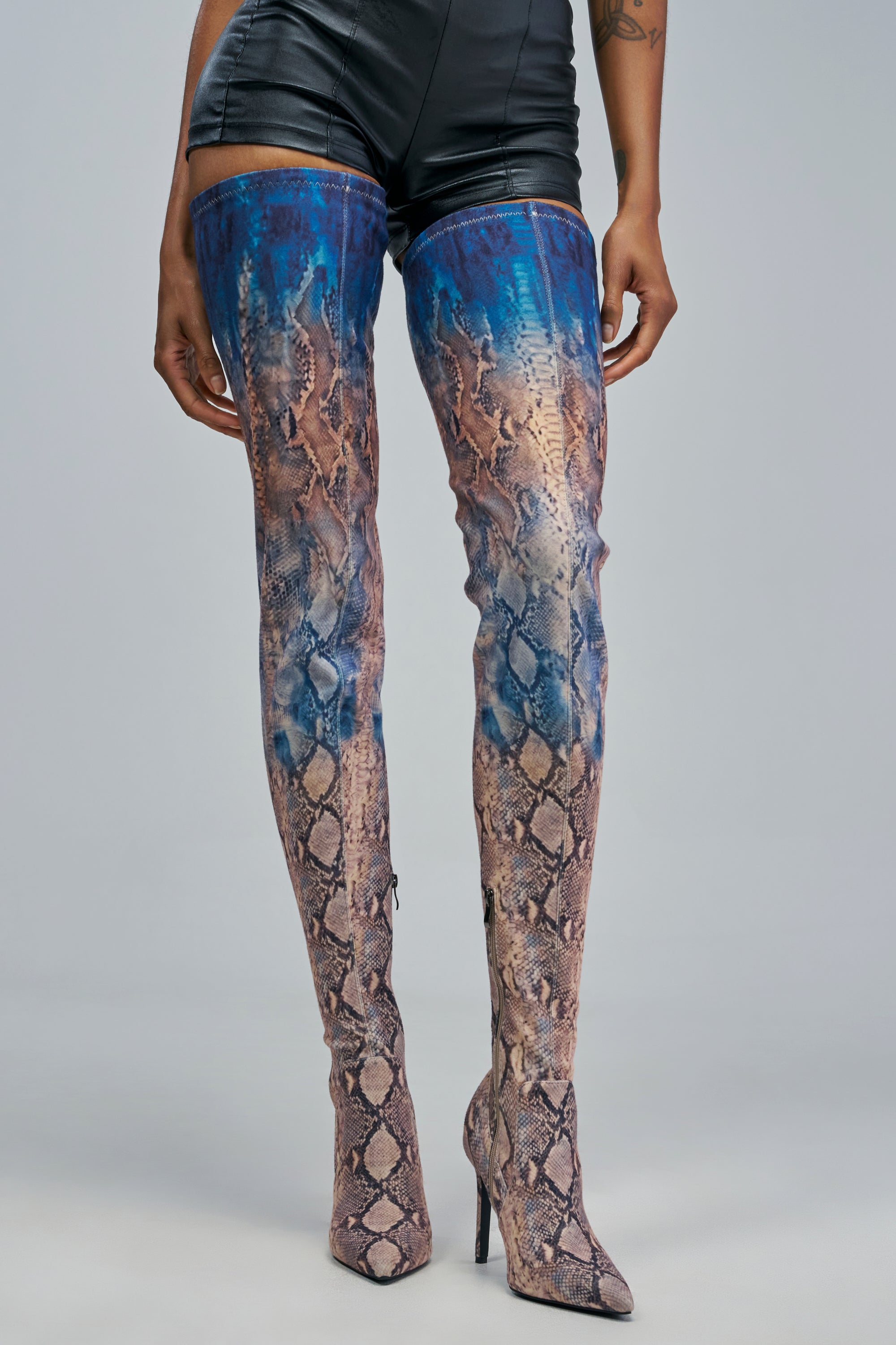 AZALEA WANG AVENOIR BLUE SNAKE PRINT THIGH HIGH STILETTO BOOT in a blue and brown snake print.