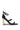 The AZALEA WANG AYYAR BLACK GOLD WEDGE HEEL SANDAL features black faux leather, a unique geometric cutout heel, ankle strap with gold buckle, and is shown against a white background.