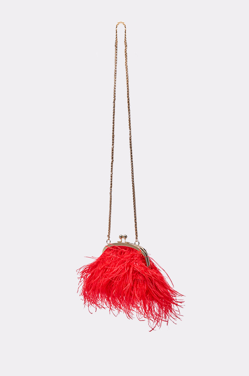 The PARTY STARTER FEATHER PURSE is a small red handbag with gold clasp and long gold chain strap, shown on a plain light gray background. This vintage-inspired purse features bold feather accents for a standout look.