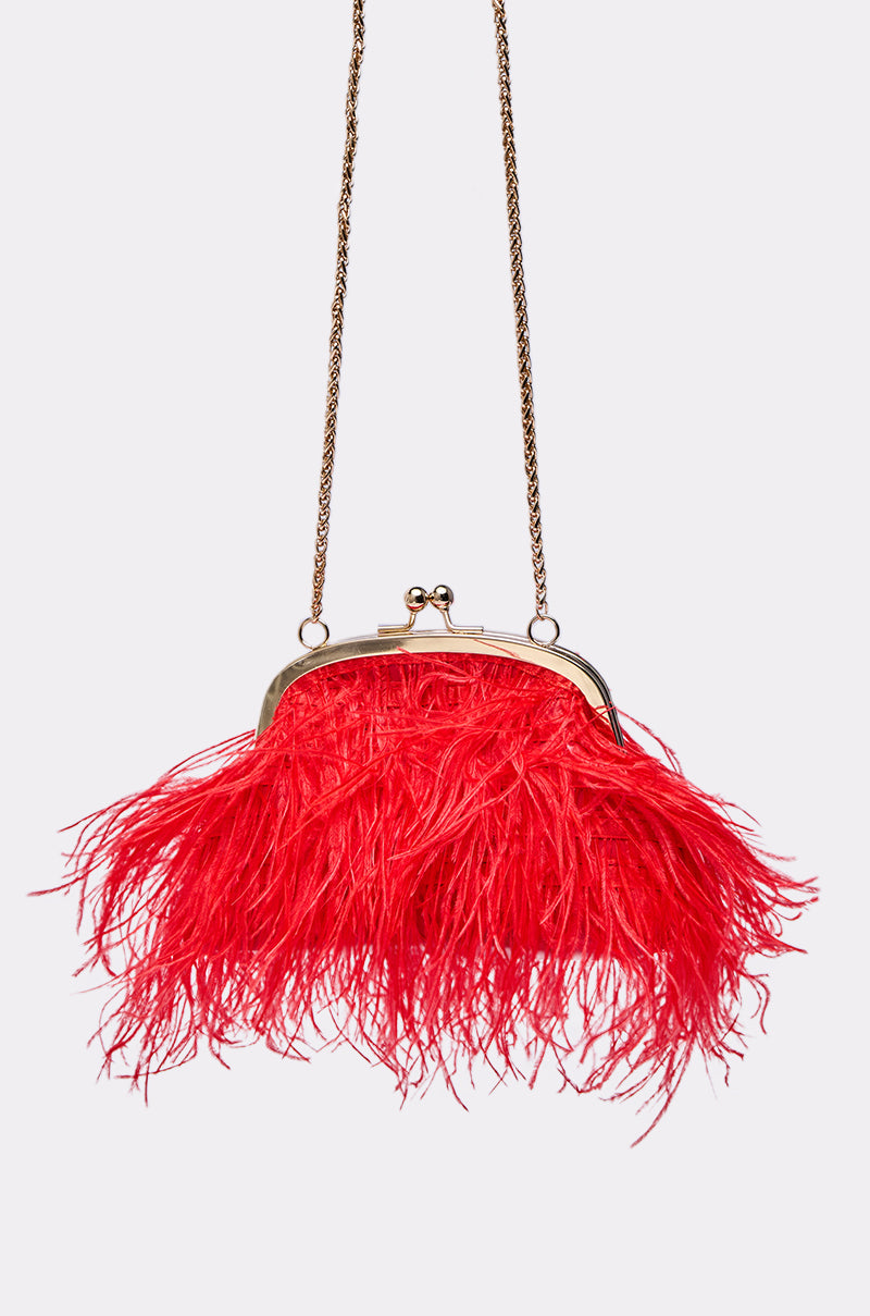 The PARTY STARTER FEATHER PURSE is a vibrant red satin bag, adorned with bright red feathers, featuring a gold clasp frame and chain strap, perfect for parties and showcased elegantly against a plain light background.