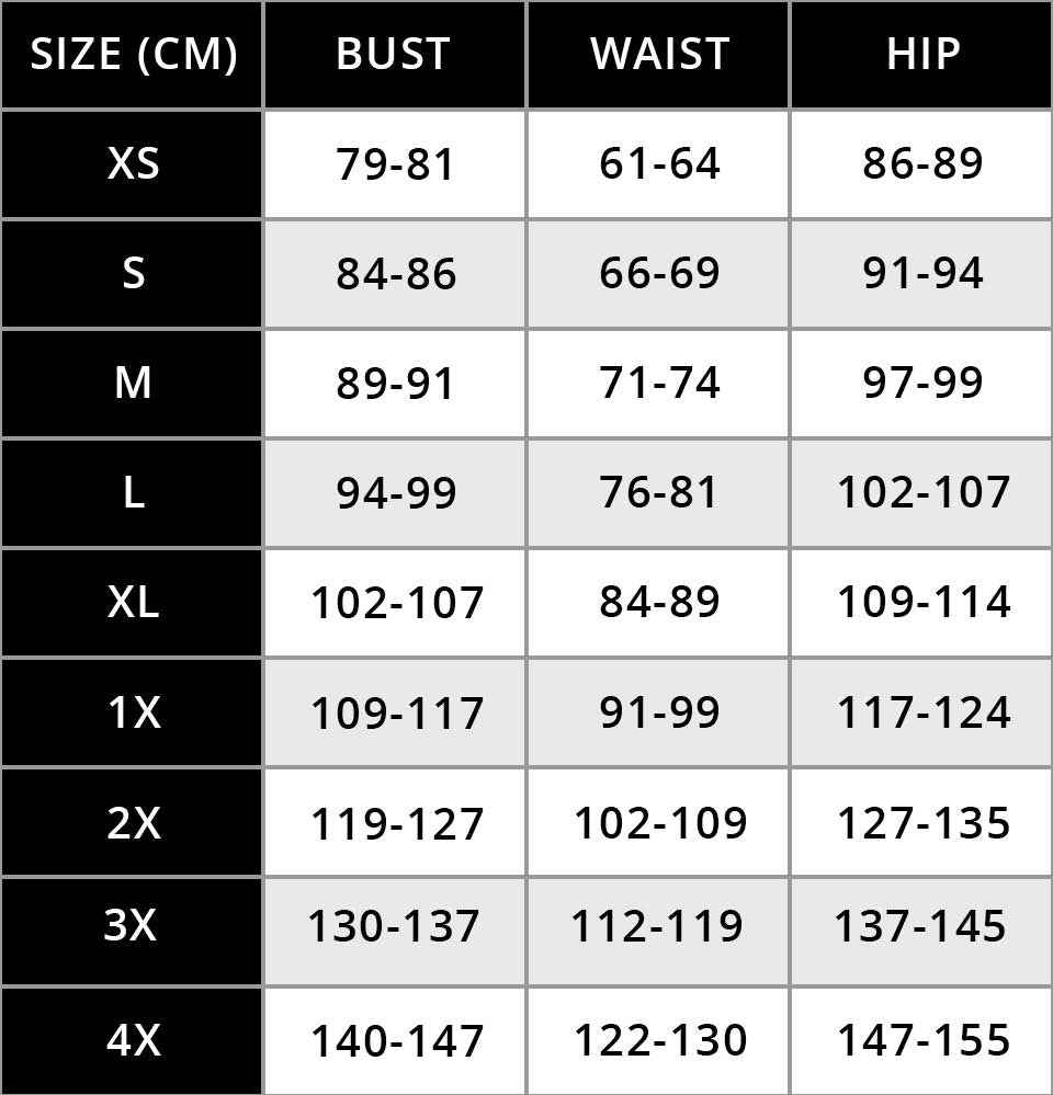 Apparel Size Chart Centimeters