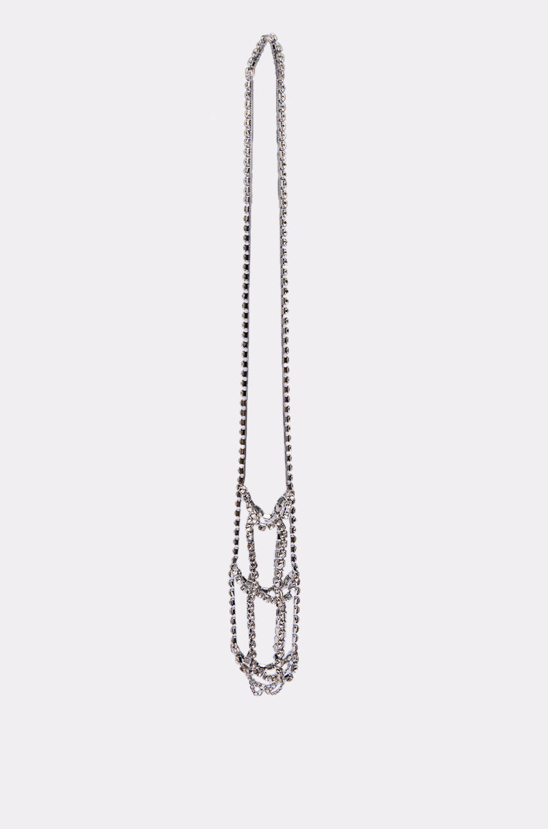 The CARRY IT BLING WATER BOTTLE HOLDER features a long silver chain with multiple overlapping loops, shown against a plain light grey background. 2