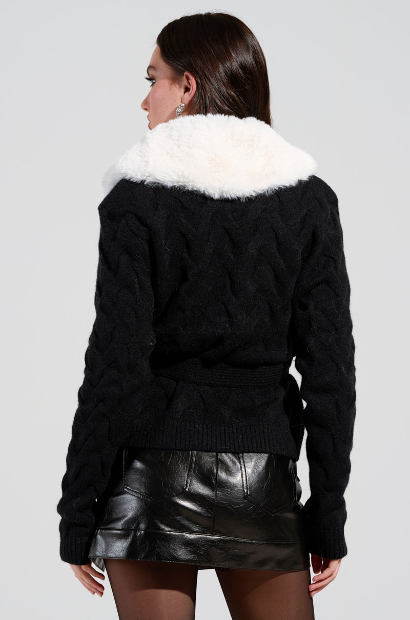 BABBS KNIT FUR TRIM CARDIGAN WITH SELF TIE BELT – AKIRA