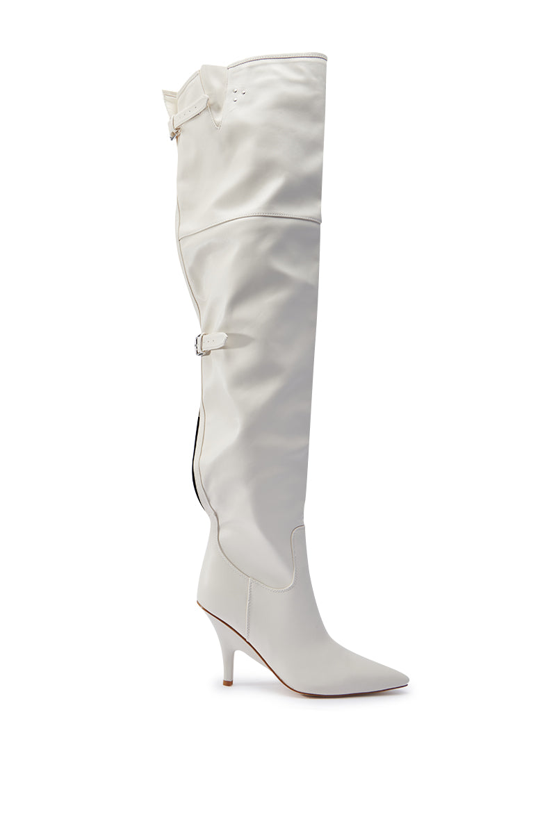 AZALEA WANG BACKER BONE OVER THE KNEE BOOT features a white, high-heeled design with a pointed toe, side buckle detail, and sleek faux leather finish, all showcased against a plain white background.