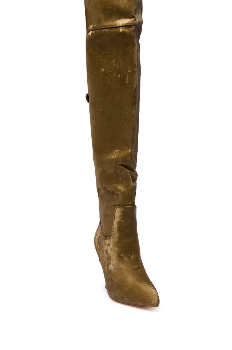 The AZALEA WANG BACKER KHAKI SHINE OVER THE KNEE BOOT, featuring a pointed toe, slight ankle slouch, and sleek stiletto heel in olive green, is displayed against a white background.