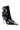 The AZALEA WANG BAMBY PATENT BOOTIE is a glossy black high-heeled bootie featuring a pointed toe with a metallic cap, cut-out sides, and three adjustable buckle straps running horizontally across the ankle and lower calf. Crafted from faux patent leather, its stiletto heel and sleek design offer a stylish, edgy look.