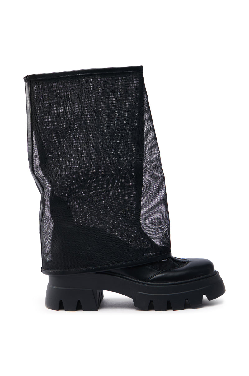 The AZALEA WANG BAYE BLACK MESH BOOT features a distinctive design with tall sheer mesh above the ankle, complemented by a mid-calf height and chunky rugged-soled footwear for an edgy, stylish appearance.