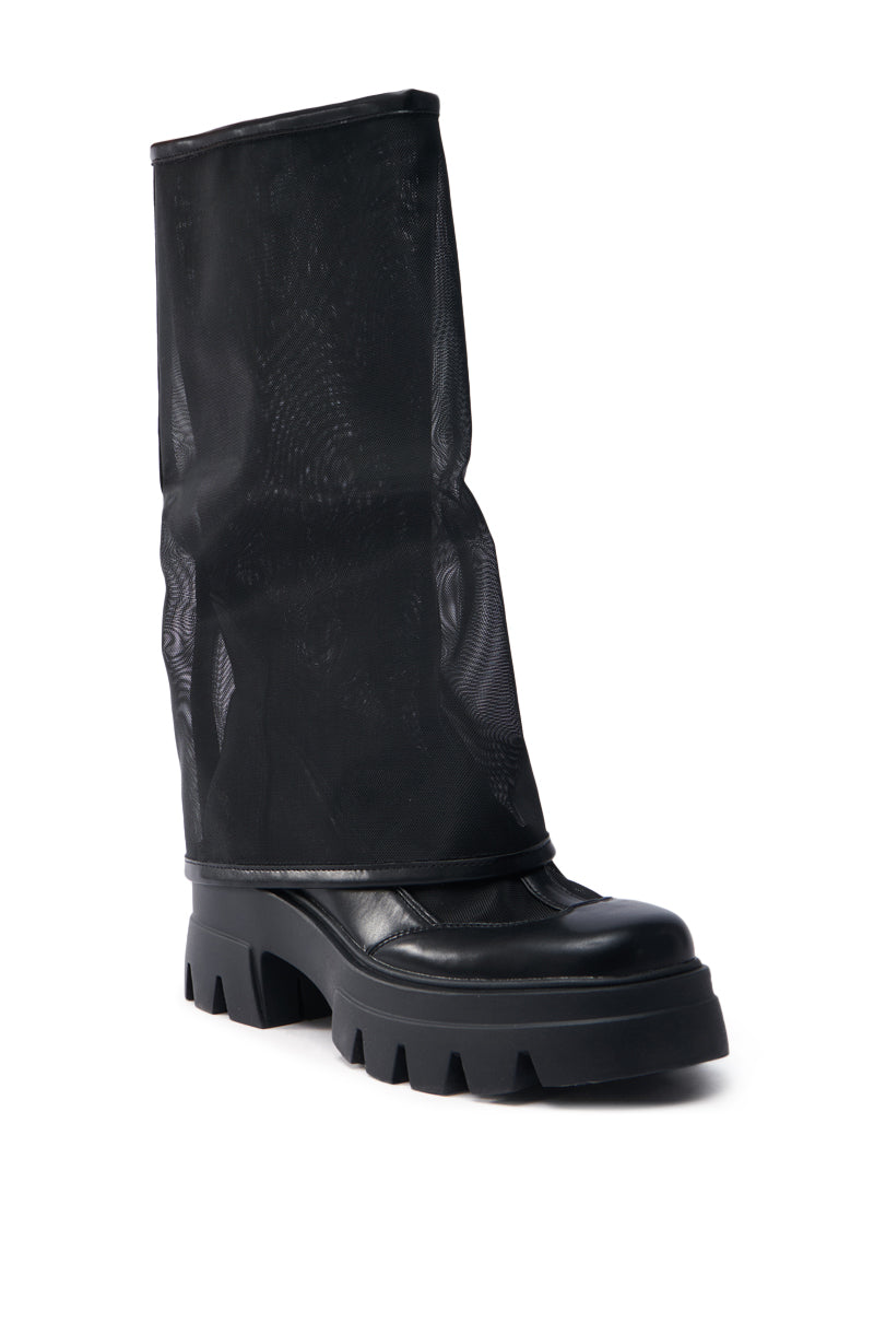 The AZALEA WANG BAYE BLACK MESH BOOT showcases a chunky sole and sheer, black mesh up to mid-calf, combining unique modern style with contemporary flair.