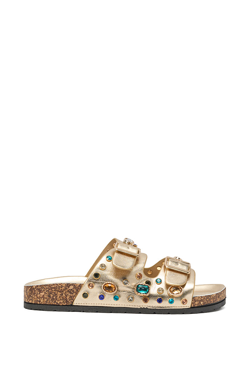 The AZALEA WANG BAYLEAVES GOLD EMBELLISHED SANDAL features gold faux leather, two buckle straps, a cork sole with black bottom, and colorful gemstone rhinestones—perfect slides for summer beach outings. 4