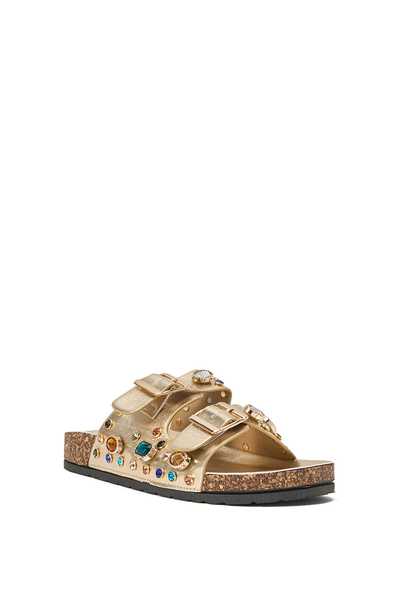 The AZALEA WANG BAYLEAVES GOLD EMBELLISHED SANDAL features gold faux leather, two buckle straps with colorful gemstones and studs, a cork sole, and black rubber outsole—perfect rhinestone slides for summer beach days. 5