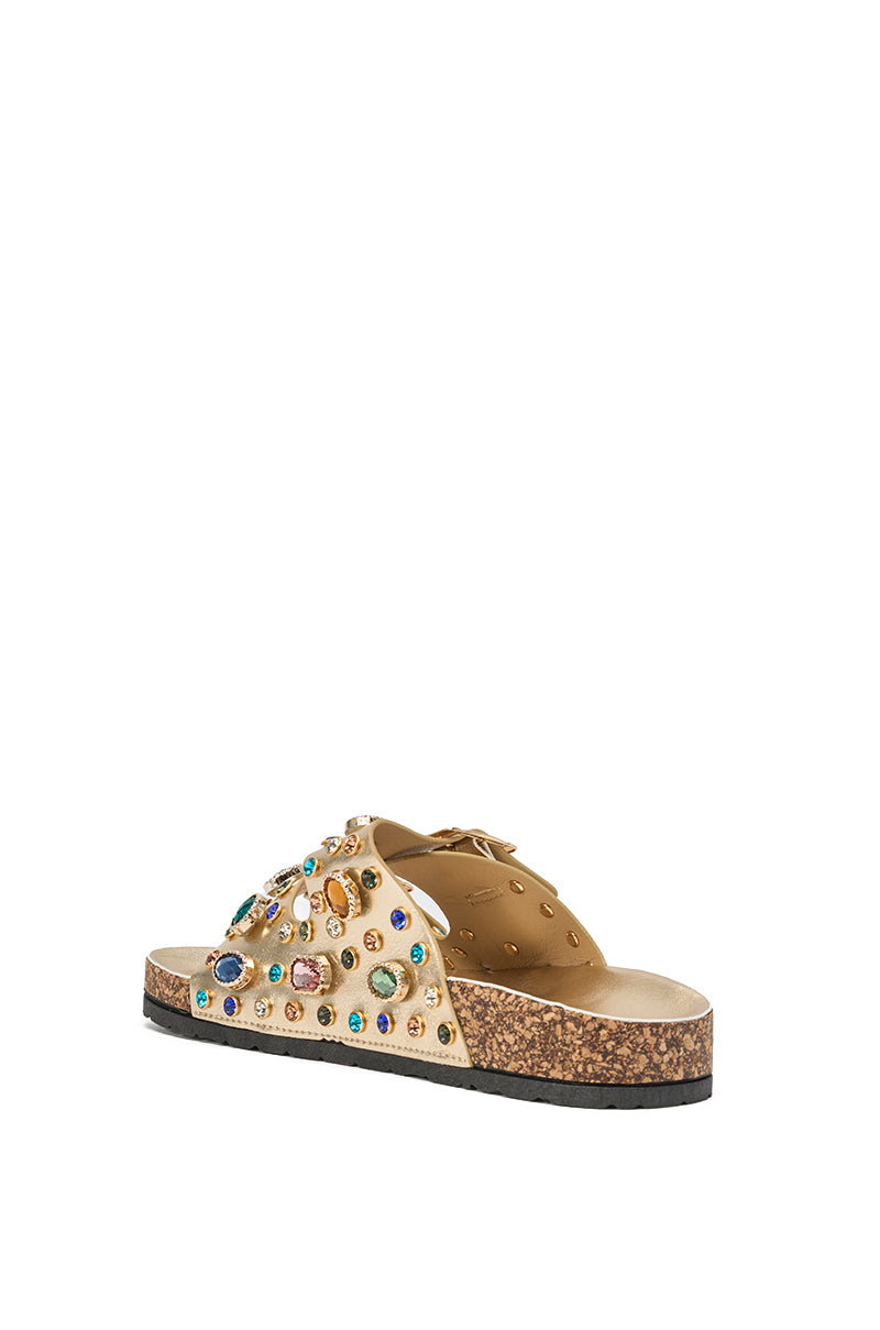 The AZALEA WANG BAYLEAVES GOLD EMBELLISHED SANDAL features a tan rhinestone slide design with a cork sole, colorful gemstones, and gold studs, displayed at an angle on a white background. 6