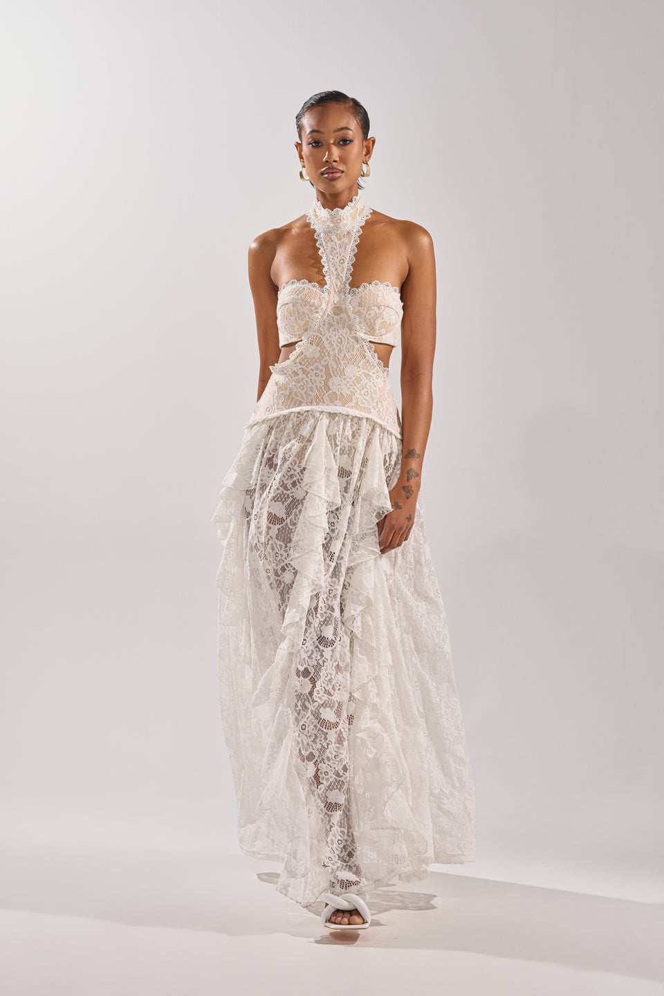 keila lace trim cutout maxi dress Keila Lace Trim Maxi Dress Cream / Black