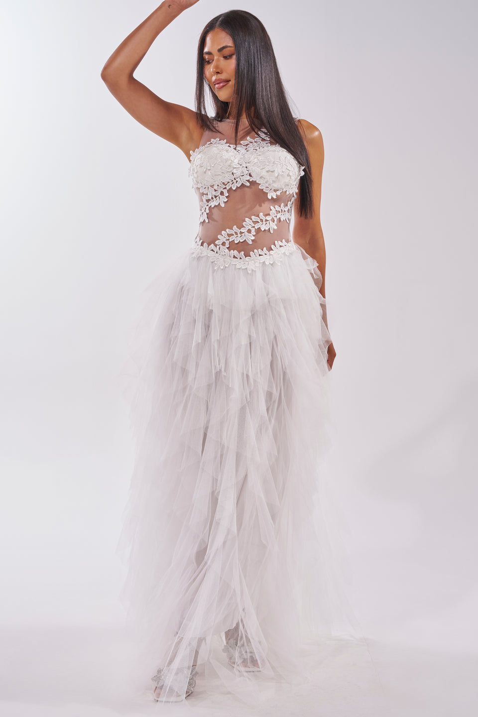 sheer ruffle maxi dress Victory Floral Mesh Maxi Dress
