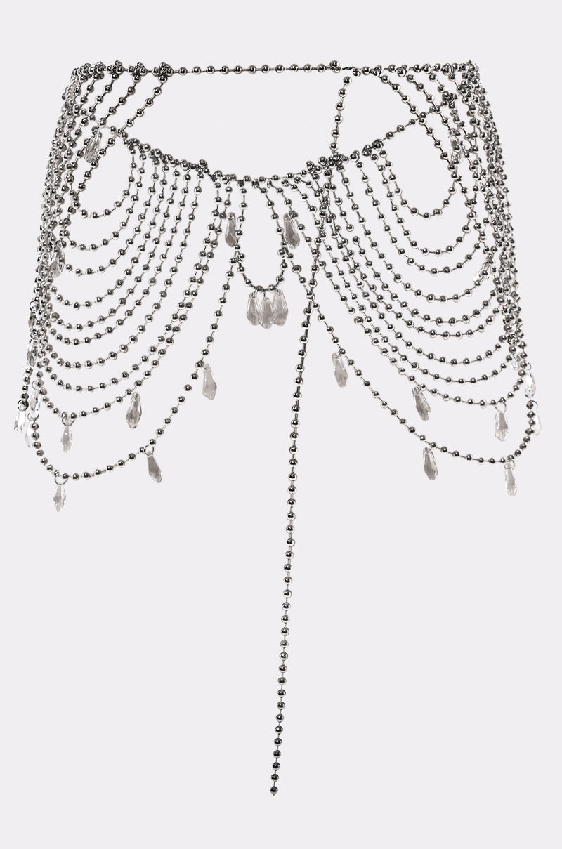 The DRIPPIN CHAIN BELT is a silver beaded chain belt with layered draped strands and sparkling crystal charms, making an elegant statement accessory against a plain white background. 2
