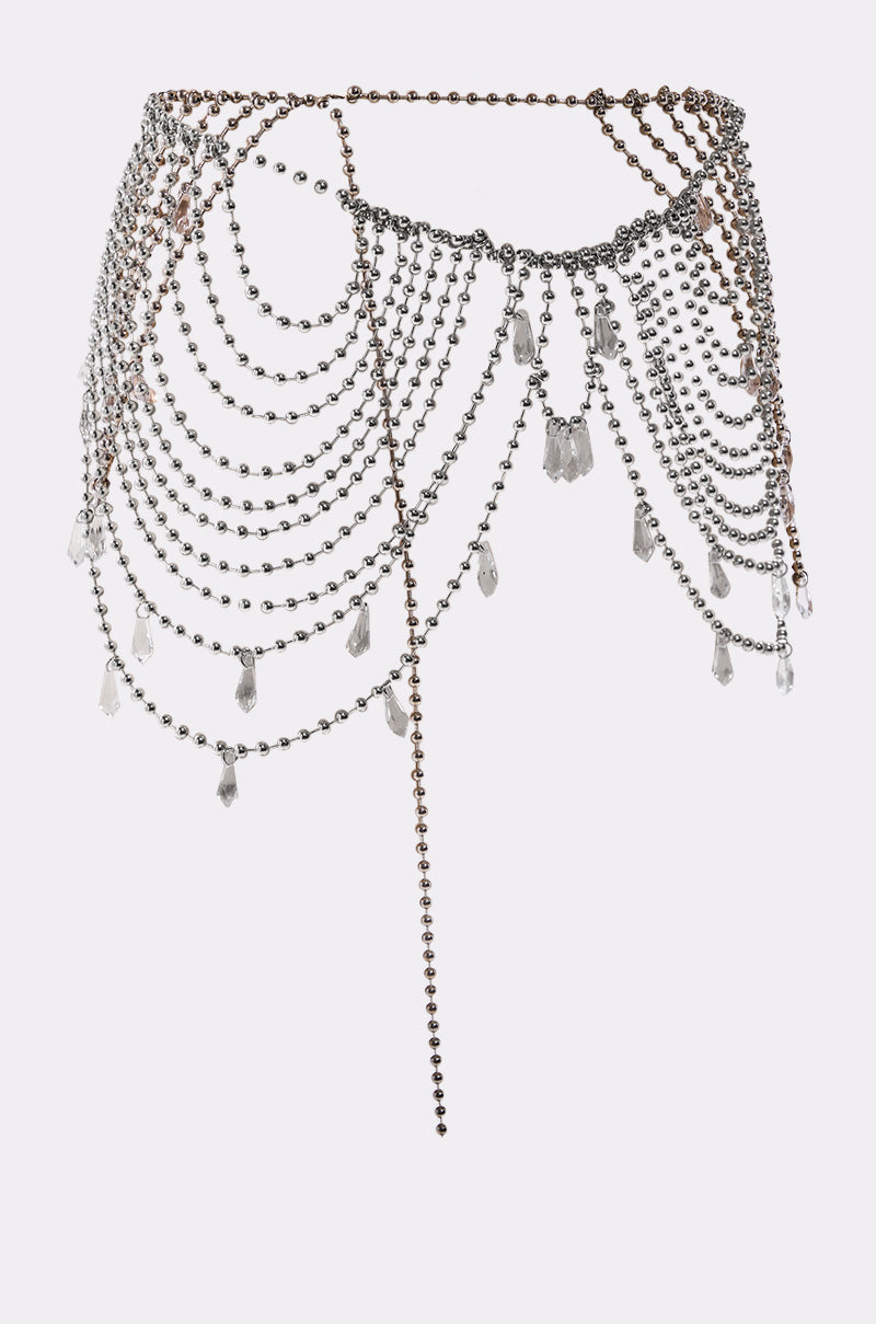 The DRIPPIN CHAIN BELT features a silver-toned layered chain design, embellished with multiple strands of small beads and dangling crystal charms for a bold, eye-catching statement accessory. 3