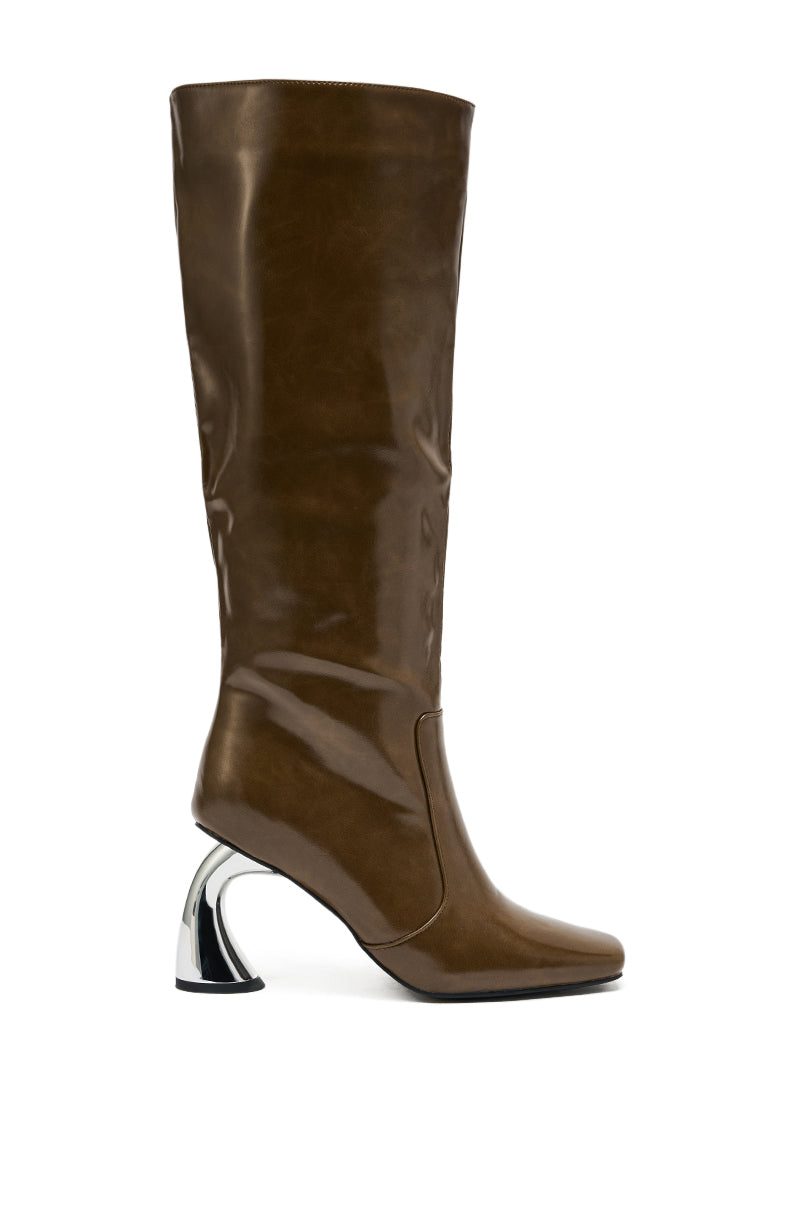 The AZALEA WANG BEHRAM Olive Curved Chunky Heel Knee High Boot features a tall olive faux leather design, a unique curved chunky heel, and rounded toe, shown on a plain white background. 3