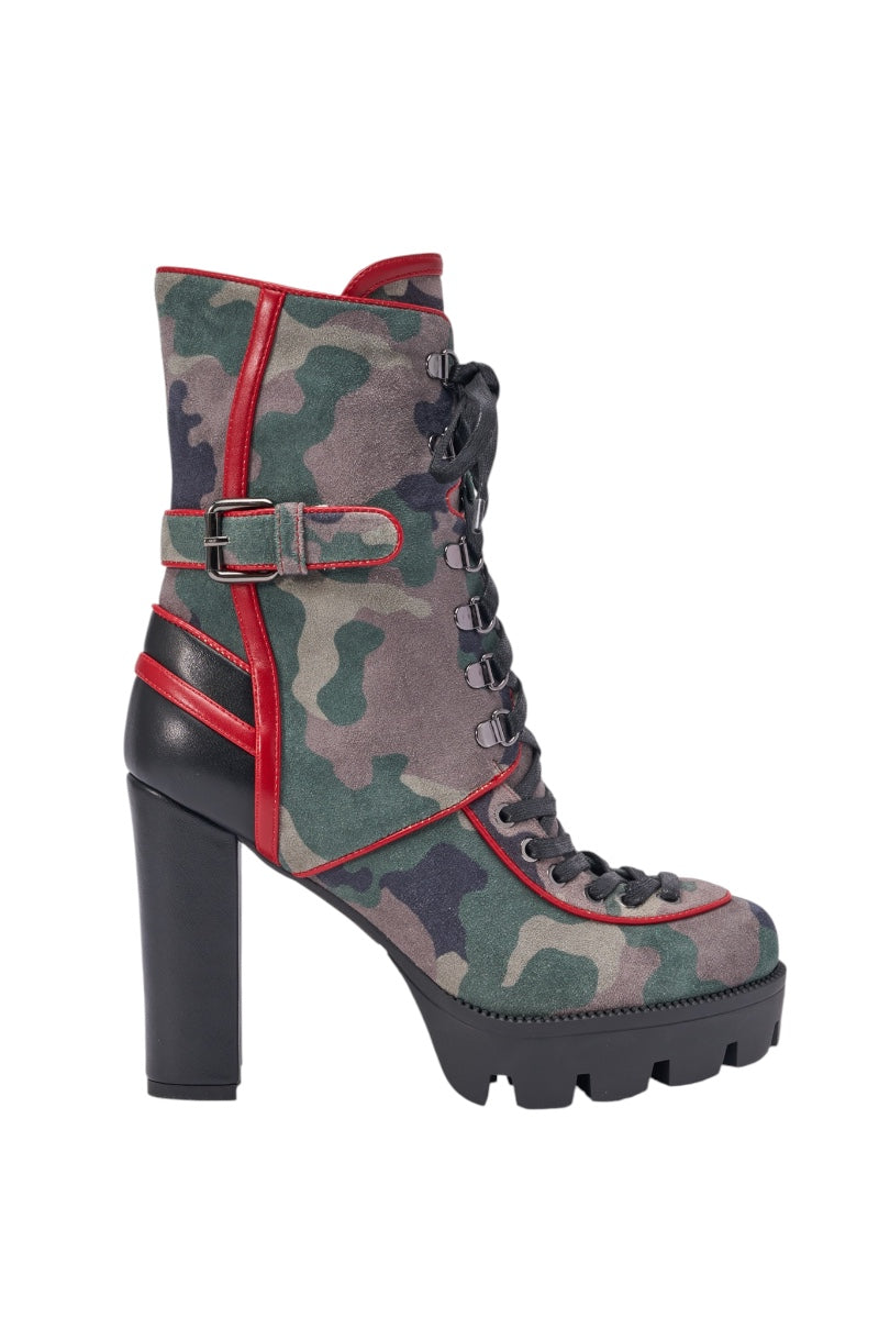 The AZALEA WANG BENSON CAMO BLOCK SPORTY BOOTIE features a camouflage pattern, black chunky heel, black laces, red trim, side buckle, and rugged lug sole—perfect for bold streetwear style. 3