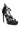 The AZALEA WANG BEREN BLACK HARDWARE EMBELLISHED SANDAL is a black faux leather stiletto with a platform sole, adorned with silver chains, metallic charms, and elaborate embellishments across the straps and ankle.