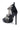 The AZALEA WANG BEREN BLACK HARDWARE EMBELLISHED SANDAL is a black faux leather stiletto with a platform, silver chains, metal accents, peep-toe design, and back zipper, shown against a white background.