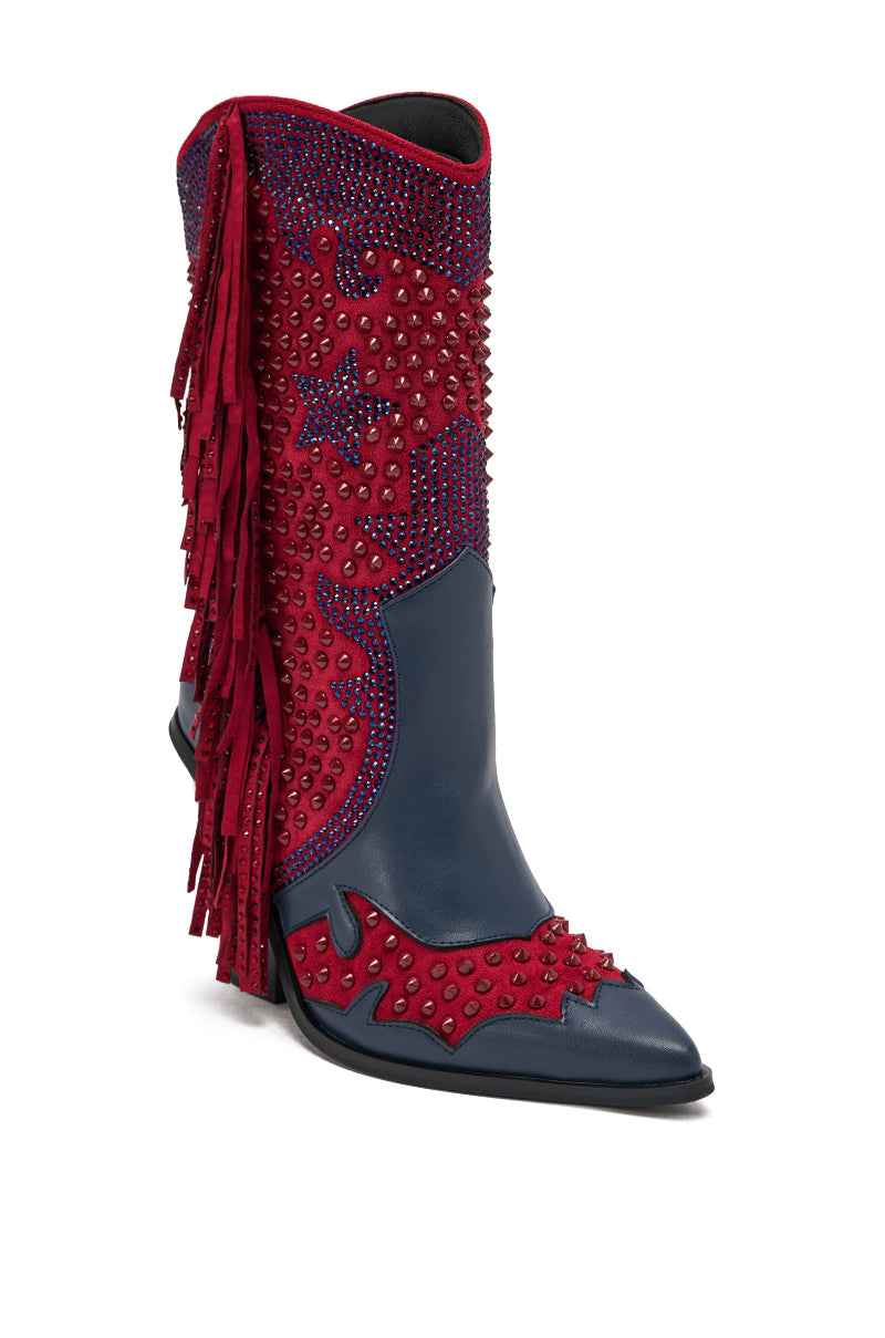 The AZALEA WANG BETHANIE MULTI RHINESTONE FRINGE WESTERN BOOTIE features dark blue leather, bright red suede overlays, colorful studs, rhinestone side fringe, a pointed toe, and mid-calf height for standout festival style.
