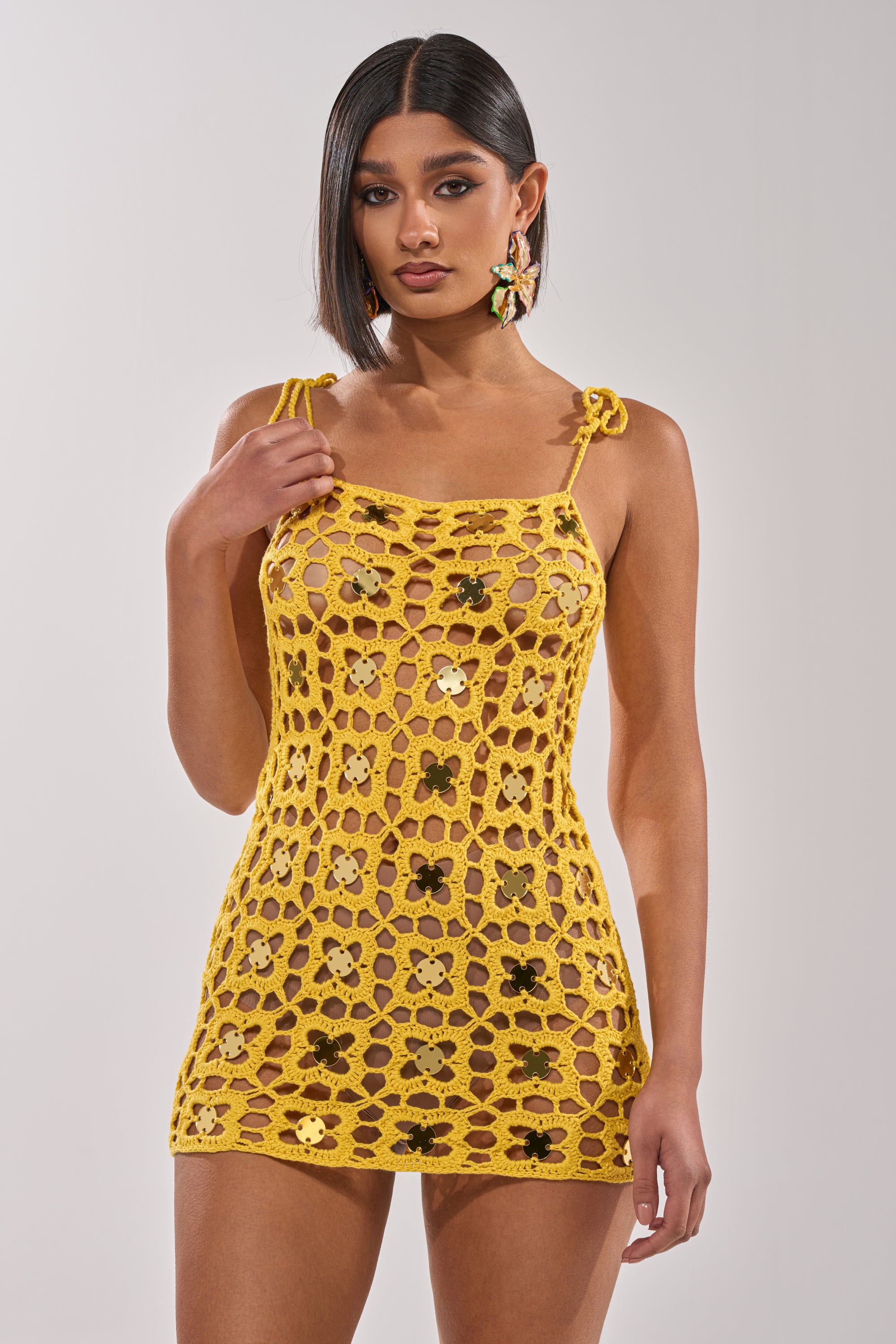 GLOW UP SEQUIN CROCHET MINI DRESS – AKIRA