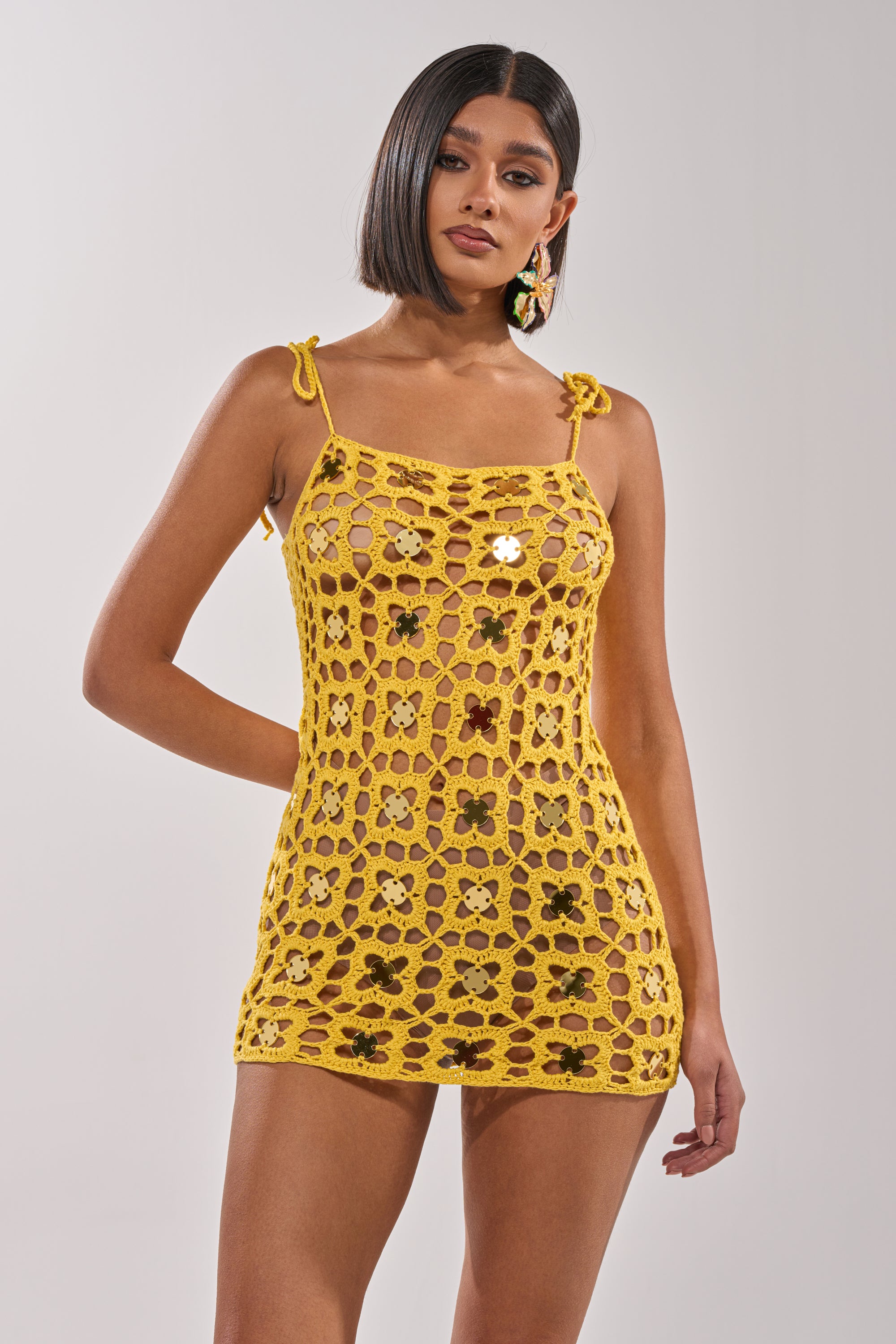 GLOW UP SEQUIN CROCHET MINI DRESS – AKIRA
