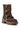 The AZALEA WANG BHARTI BROWN FLAT BOOTIE is a single brown boot featuring a soft faux leather upper, slouchy design, large silver snap buttons on the side, and a ridged lug sole.