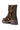 The AZALEA WANG BHARTI BROWN FLAT BOOTIE is a brown, mid-calf boot with a lug sole and layered faux leather flap with four silver snap buttons, shown from an angled rear view on a white background.