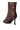 The AZALEA WANG BIRD SONG BROWN SNAP DETAIL OPEN TOE BOOTIE features a brown faux leather finish, side zipper, silver snap details, an open toe design, and a chic stiletto heel.