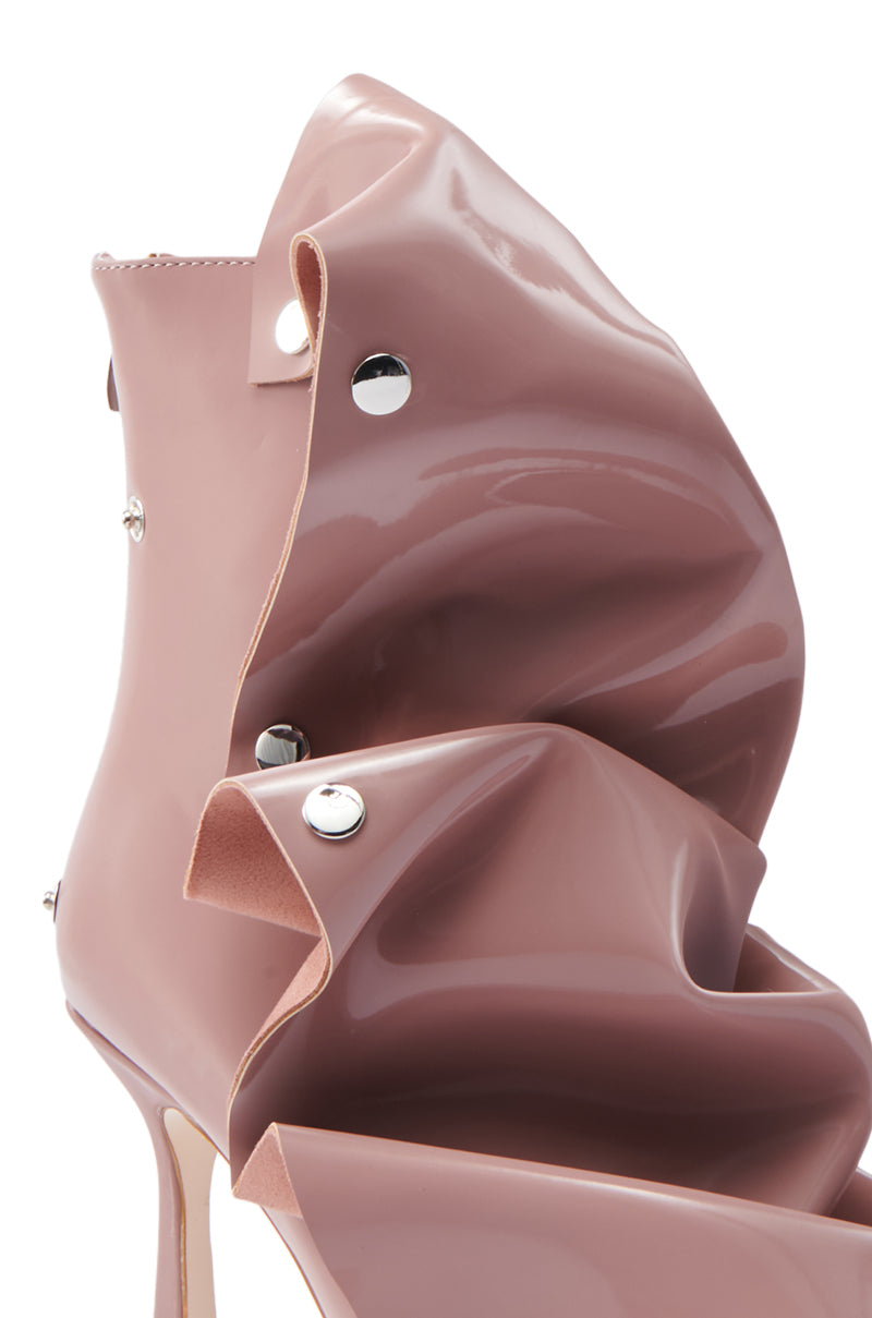 Close-up of the AZALEA WANG BIRD SONG SNAP OPEN TOE BOOTIE in mauve, featuring glossy pleated faux patent leather with silver buttons. The slender stiletto heel enhances its elegant avant-garde style.