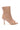The AZALEA WANG BIRDSONG SNAP OPEN-TOE BOOTIE IN MOCHA is a nude, faux patent leather bootie with a stiletto heel, back zipper, and silver studs accenting the surface.