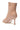 The AZALEA WANG BIRDSONG SNAP OPEN-TOE BOOTIE IN MOCHA features a nude faux patent leather, stiletto heel, back zipper, open toe, and round stud accents for stylish flair.