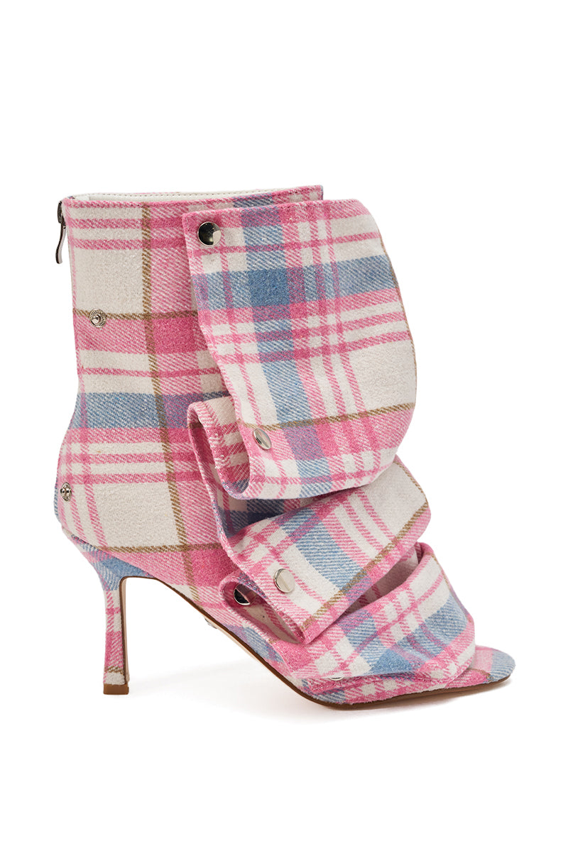 The AZALEA WANG BIRD SONG Pink Plaid Multi Open Toe Snap Bootie features a high stiletto heel, pink/blue/cream plaid pattern, oversized flaps with silver snaps, and a back zipper for a bold, stylish finish.