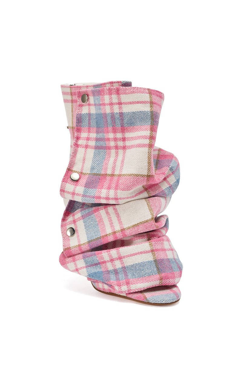 The AZALEA WANG BIRD SONG PINK PLAID MULTI OPEN TOE SNAP BOOTIE features a slouchy plaid design, silver snap buttons, high heels, and a layered ruched look—perfect for bold style statements.