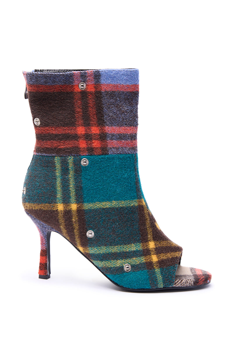 The AZALEA WANG BIRD SONG Plaid Multi Open Toe Snap Bootie features colorful plaid fabric in teal, red, brown, and yellow, decorative metal studs, a stiletto heel, and a side zipper for convenience.