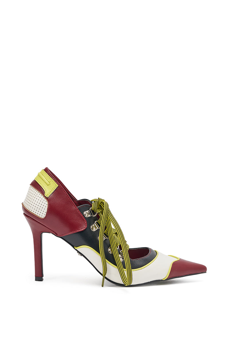 The AZALEA WANG BLITZ MULTI COLOR LACE UP STILETTO PUMP features a pointed toe, bold colorblock in burgundy, white, black, and yellow, striped yellow laces, perforated heel detailing, and faux leather for a standout look. 2
