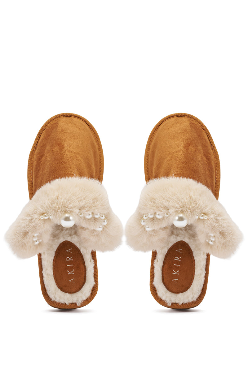The AKIRA BOONE CAMEL SLIPPER WITH PEARLS features camel faux suede, cream faux fur lining and trim, pearl embossed accents, and bead details for added style and comfort. 3