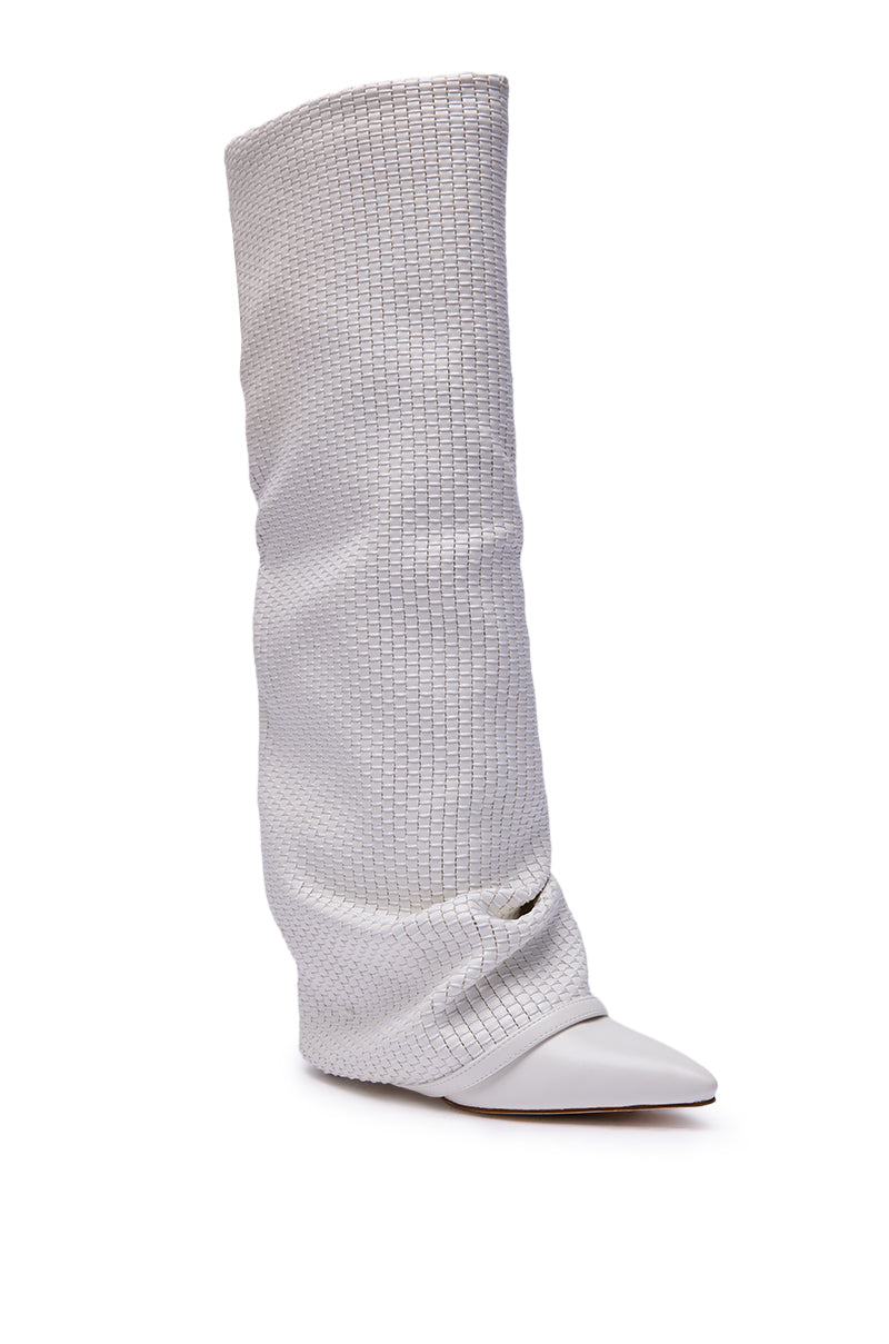 The AZALEA WANG BRETANGE WOVEN PU FOLD OVER BOOT IN WHITE is a tall, slouchy knee-high boot with a pointed toe, woven grid pattern, and a relaxed fit at the calf and ankle for effortless style. 6
