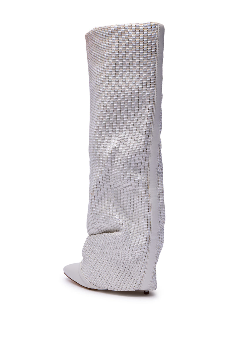 The AZALEA WANG BRETANGE WOVEN PU FOLD OVER BOOT IN WHITE is a tall, knee-high boot with a slouchy, fold-over design and textured grid pattern, shown from the side against a plain white background. 7