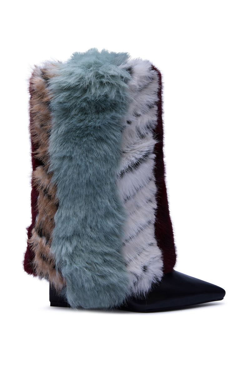 The AZALEA WANG BRIASH BLUE MULTI FUR HIDDEN WEDGE BOOTIE features a pointed toe and tall shaft with teal, white, brown, and burgundy faux fur panels for a bold, textured statement look.